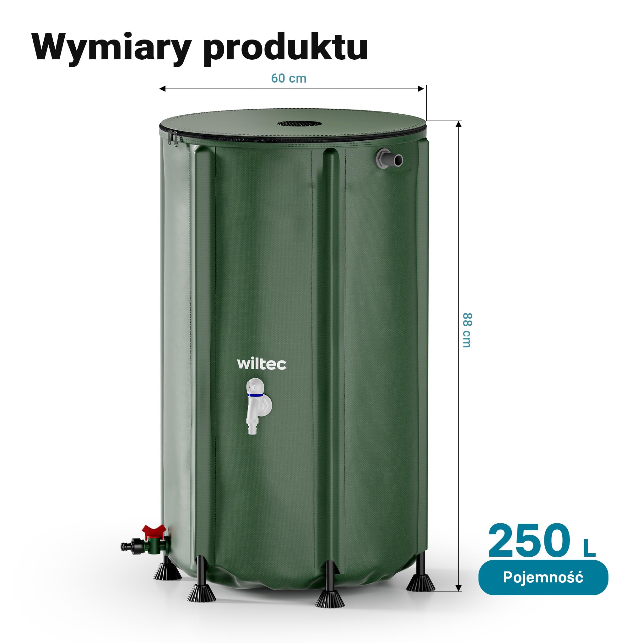 Wiltec Zbiornik na deszczówkę o pojemności 250 l, średnicy 60 cm i wysokości 88 cm, z pokrywką i kranem, beczka składana z tkaniny PVC 1000D na wodę