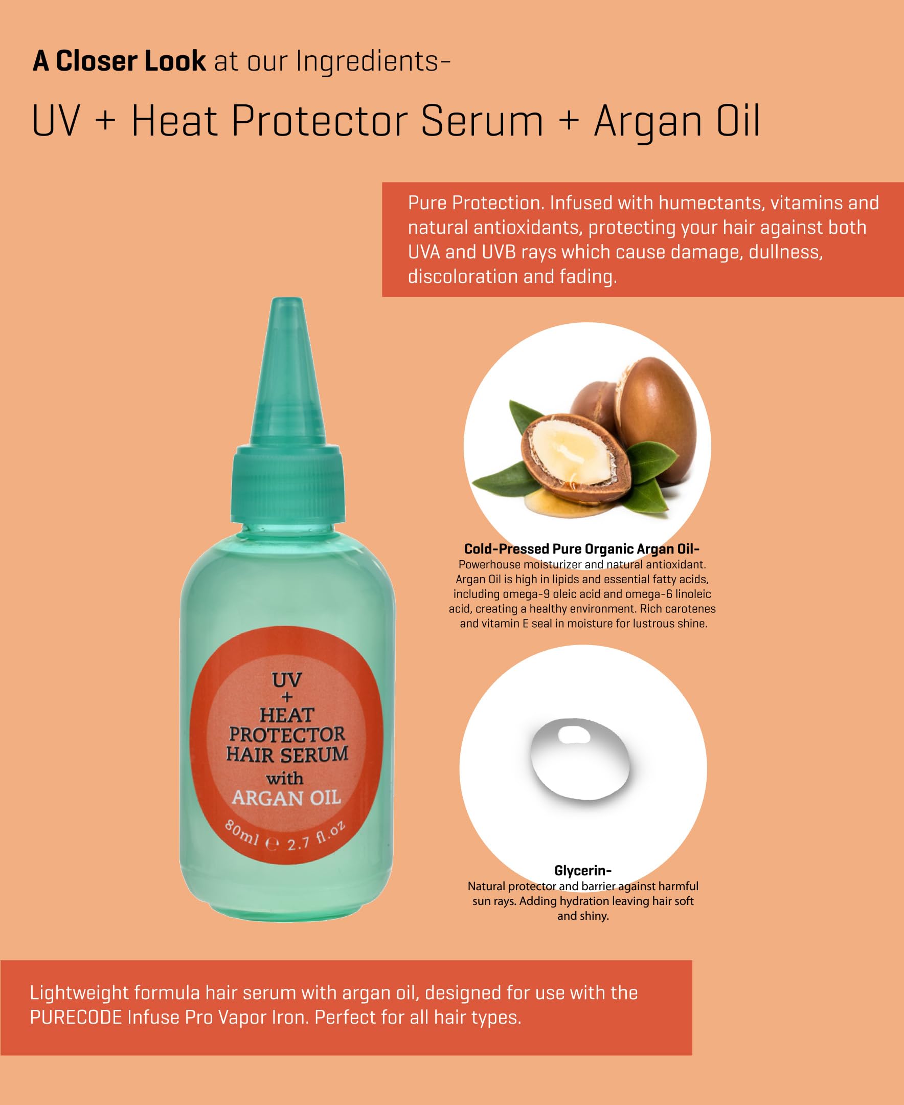 PURECODE UV + Heat Protector Serum with pure Argan Oil from Morocco 2.7oz Moisturizes, Defends Sun Damage and Adds Shine to the Hair