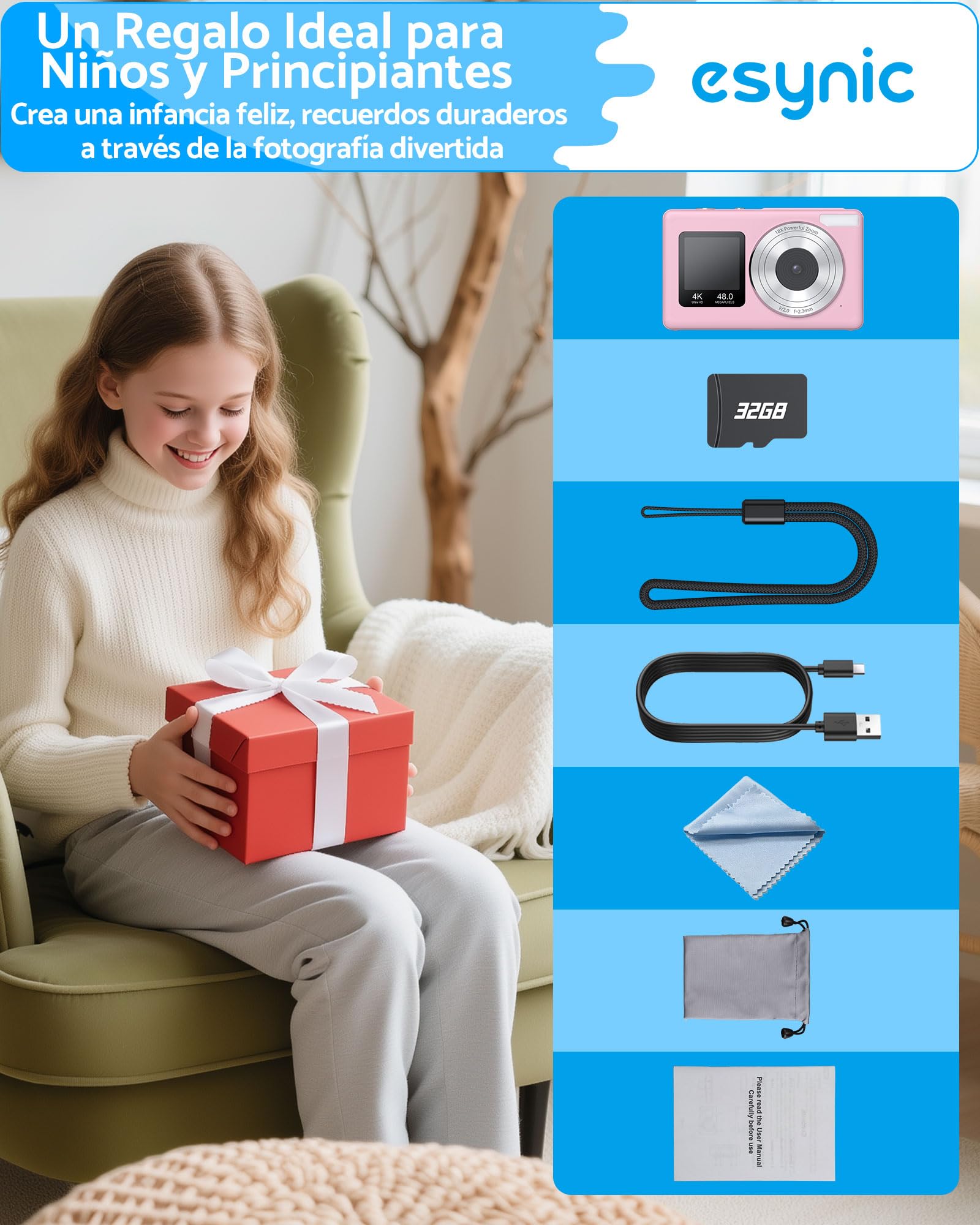 eSynic Cámara Fotos Infantil 4K 48MP con Tarjeta SD 32G, Zoom Digital 18X, Pantalla Dual para Selfies, Cámara Digital Compacta y Portátil para Niños y Principiantes, Ideal para Vlogging y Fotos