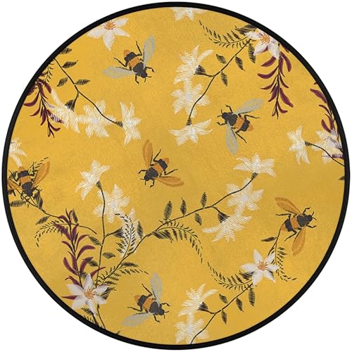 Miniatura 2 de Alfombra redonda de 3 pies con flores, abejas, alfombra circular lavable antideslizante para sala de estar, dormitorio, oficina, hogar, decoración