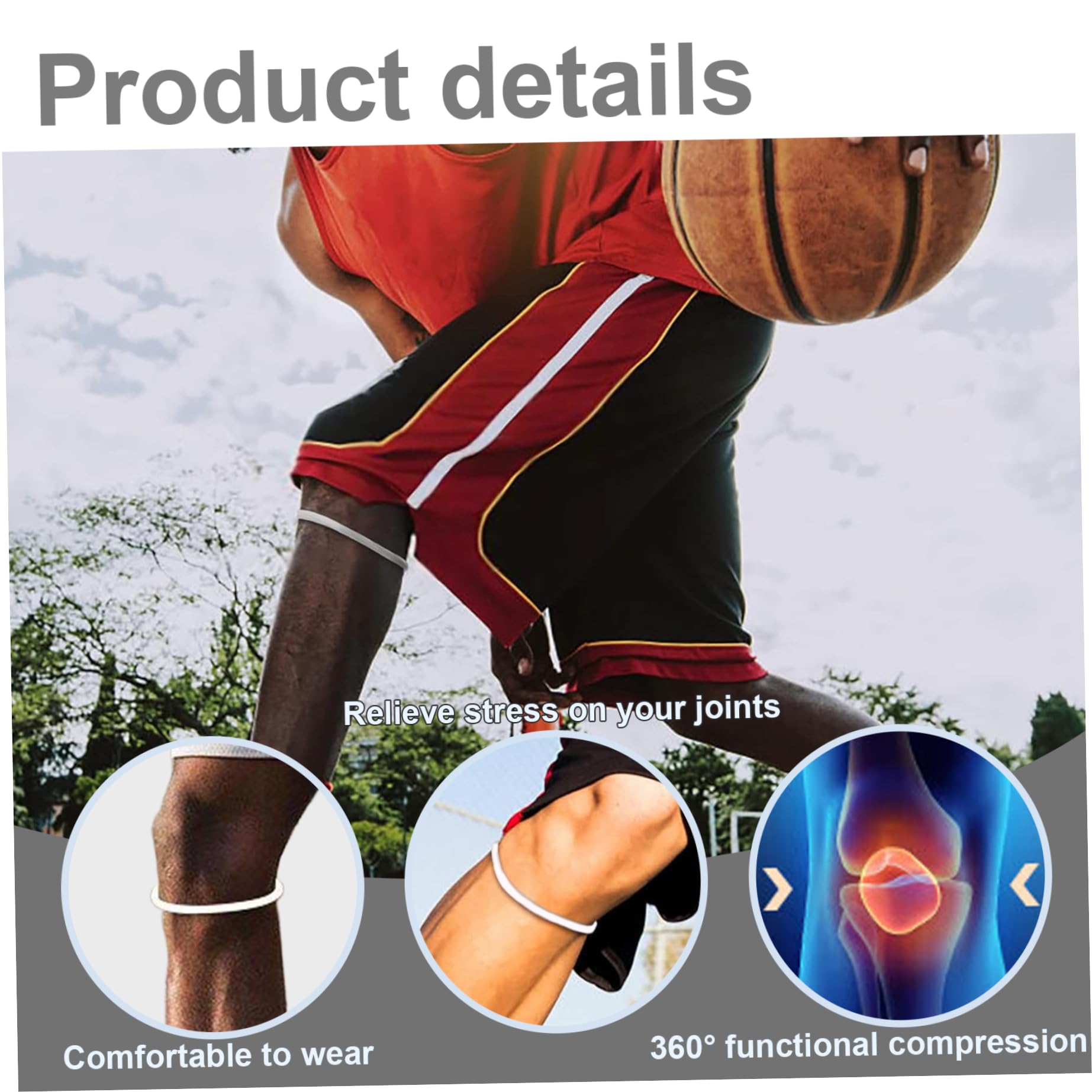 Bande de rotule, sangle de support de tendon de rotule en silicone 2 paires, sangle élastique en caoutchouc de genou, bandes de genou en noir et blanc réutilisables pour le basket-ball, le football,