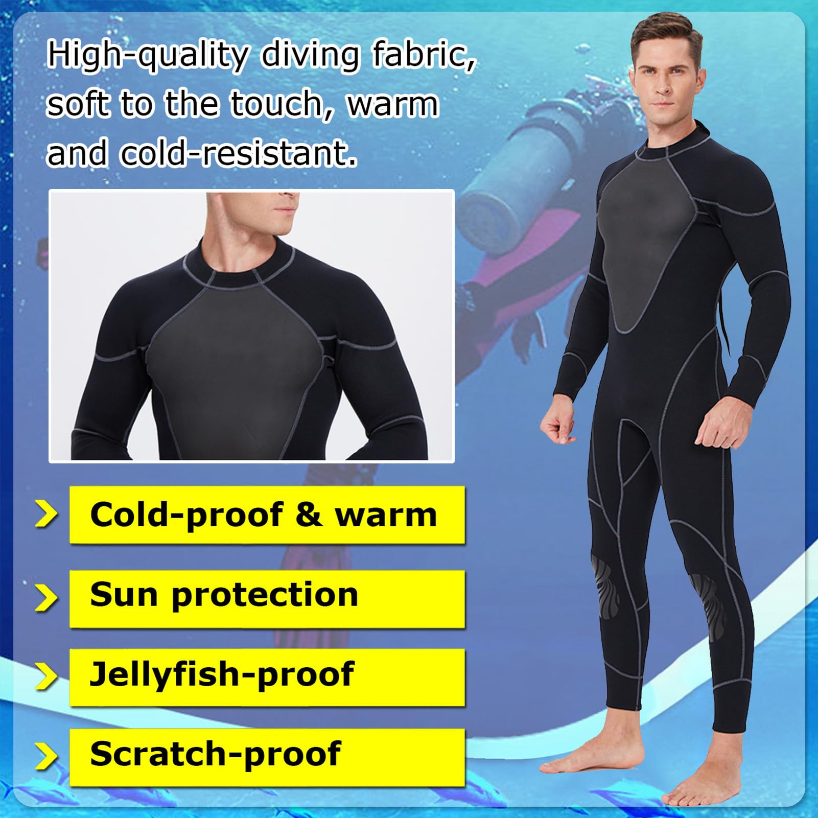TOVCHEI One-Piece Wetsuit 1.5Mm Neoprene Diving Suit Long Sleeve Back Zipper Men Women Wetsuit for Swimming Surfing Scuba,Black,XL