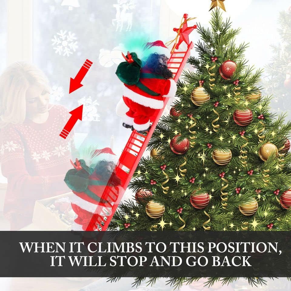 Black Santa Claus Climbing Ladder to Christmas Tree, African American Santa Christmas Decoration with Music Lights, Include Instructions for Tree Hanging Ornament, Xmas Gift