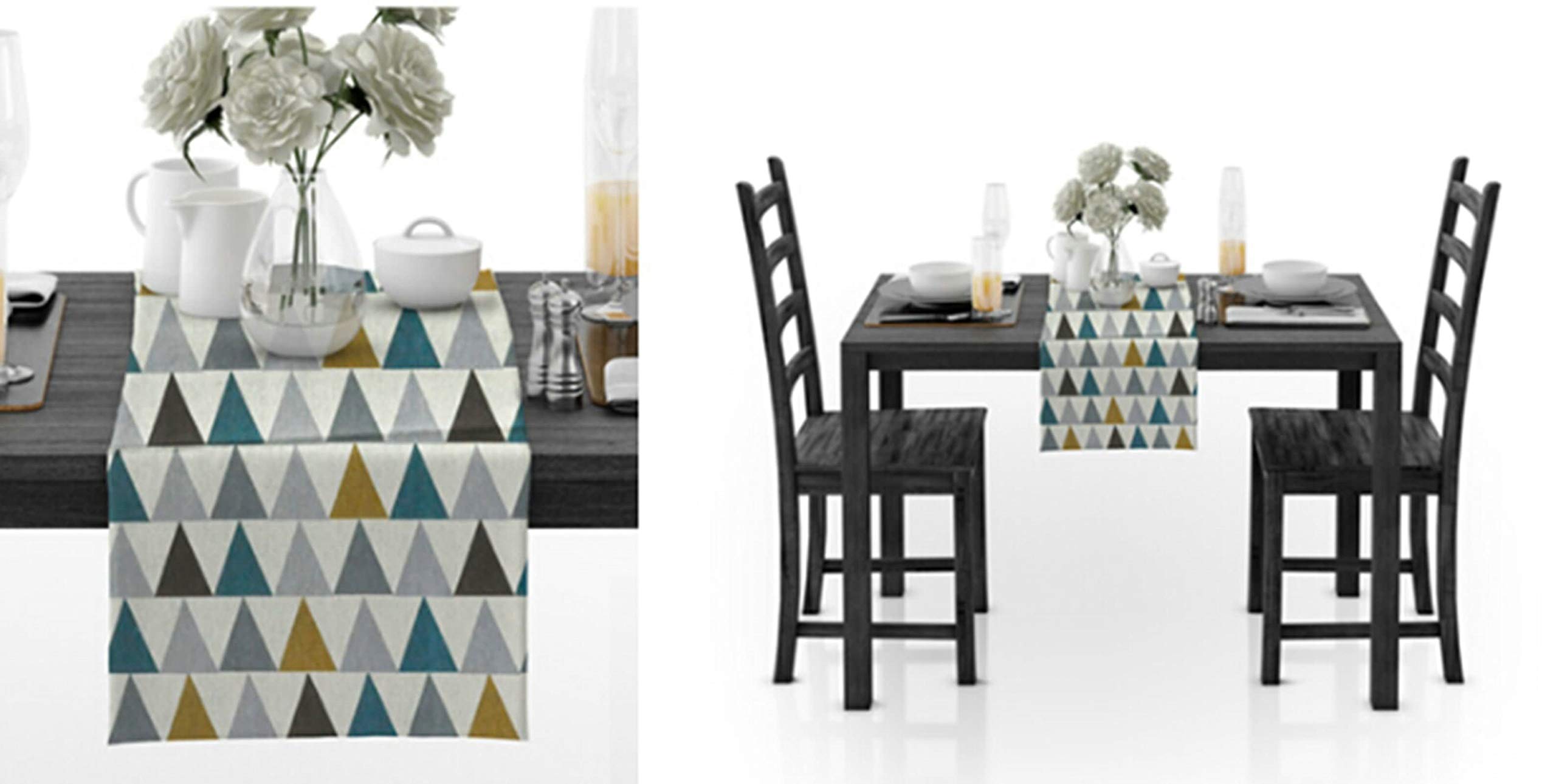 Aeici Camino de mesa de comedor de algodón, diseño de triángulo, camino de mesa de comedor, 30,4 x 188,8 cm, lavable, para mesa de comedor, color azul y gris