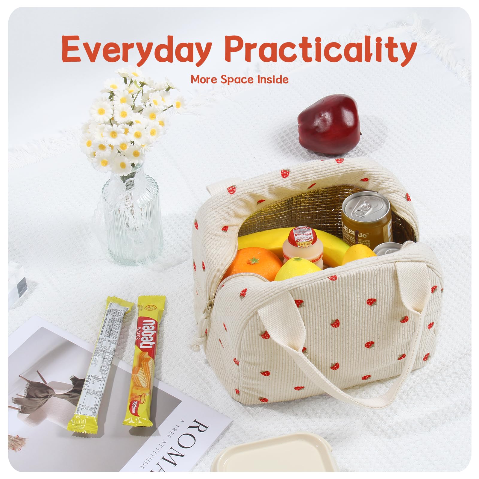 Borsa Pranzo Isolata In Velluto A Coste – 25x18x15 Cm – Fiore Blu – Riutilizzabile E Capiente
