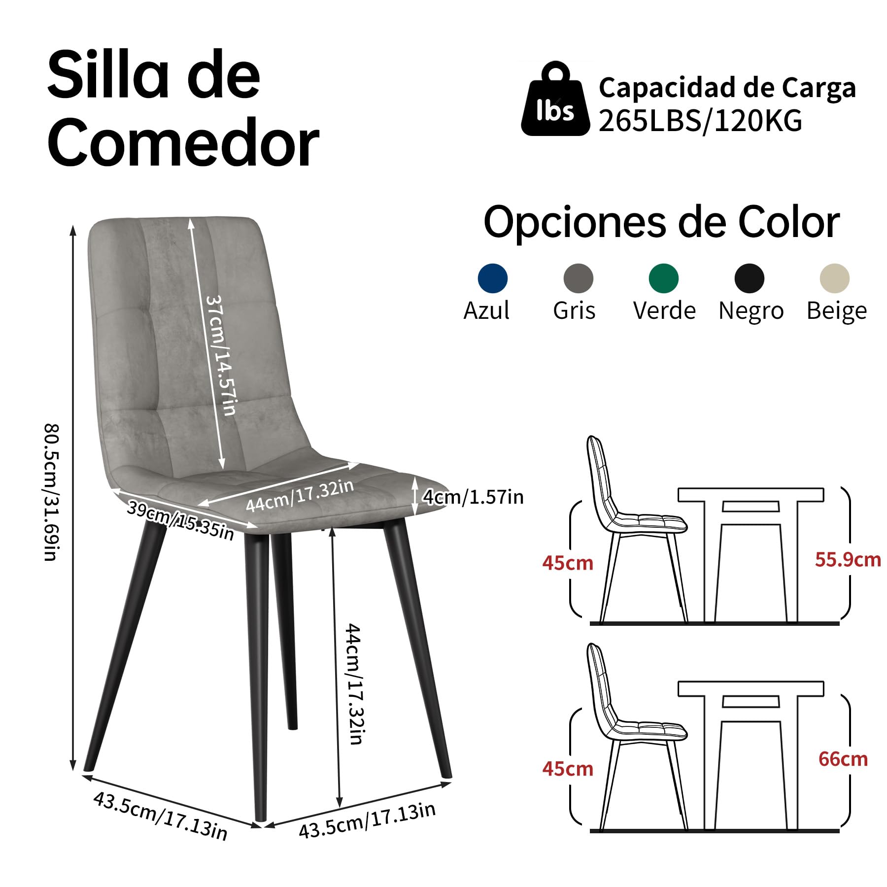 Juego de 4 Sillas Comedor Terciopelo, Estilo Nórdico Moderno, Tapizadas y Acogedoras, (Gris, 4 Pièces)