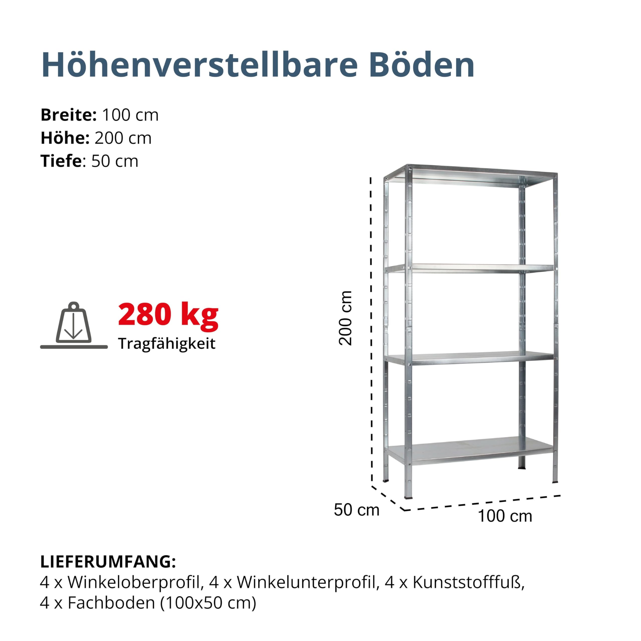 SCHULTE Regalwelt Steckregal mit 4 PowerMAX Fachböden, 70 kg Tragkraft, 200x100x50 cm (HxBxT), verzinkt (Lagerregal, Werkstattregal, Kellerregal, Garagenregal, Metallregal