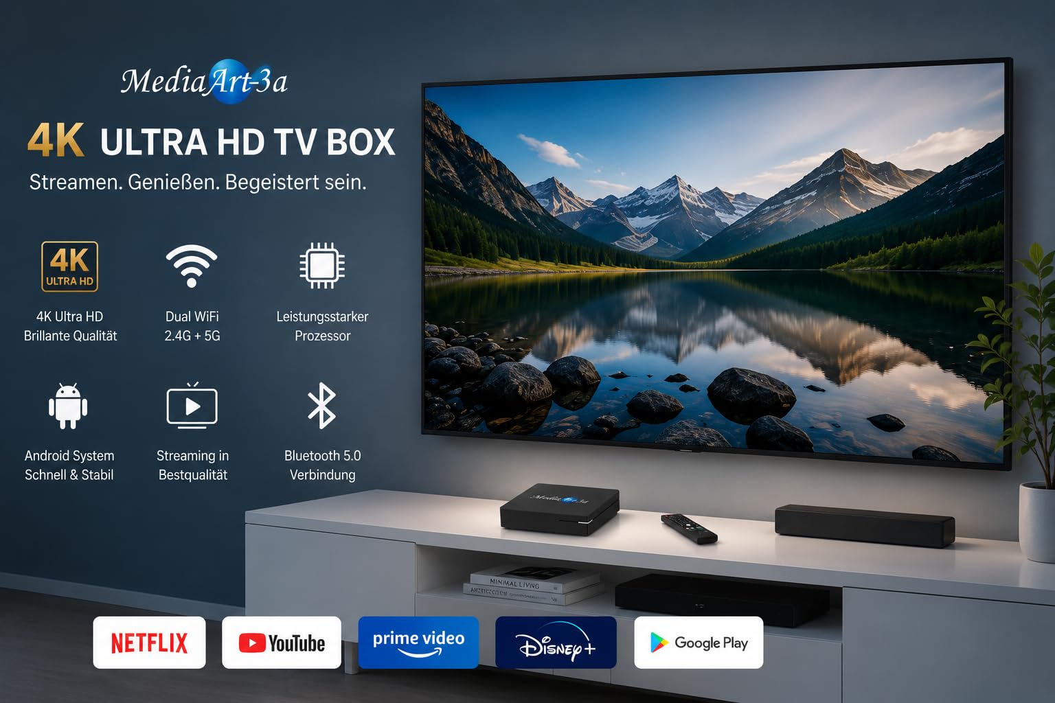Mediaart-3a Pro 4K Android TV Box (4GB RAM + 32GB) Streaming Smart TV Box Quad Core, Rockchip 3518 Dual WLAN 2.4G/5G 4K 60fps Media Player YouTube, Browser HDMI 2.0, Ethernet-Anschluss (RJ45), WiFi