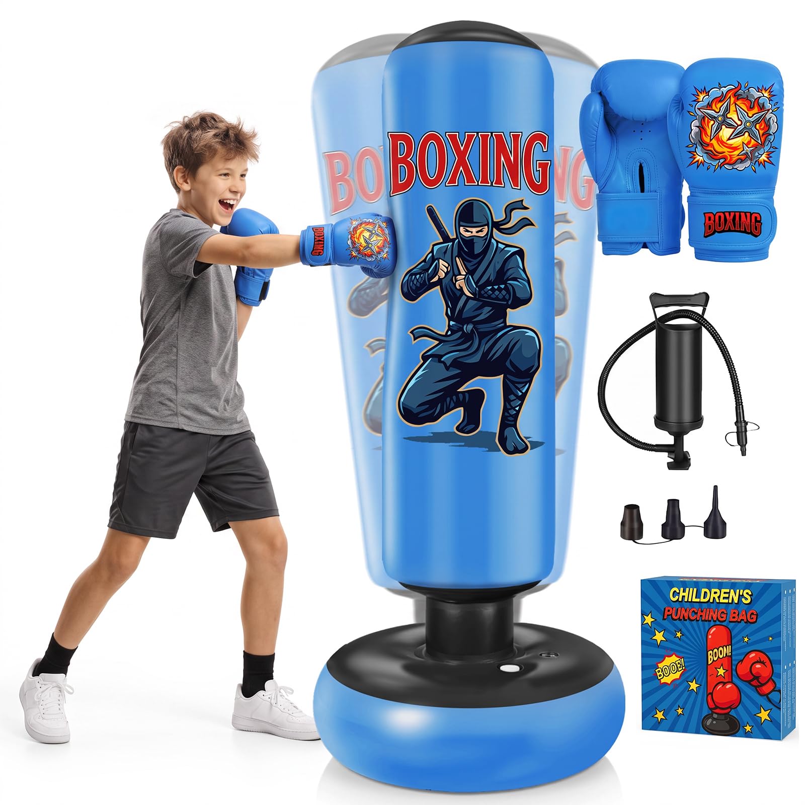 Ninonly Sacco da Boxe 165cm per Bambini Ragazzi con Guanti da Boxe e Pompa | Blu Sacco da Boxe da Terra per Karate MMA Kickboxing Taekwondo Muay Thai, PVC Resistente Punchball per Allenamento a Casa