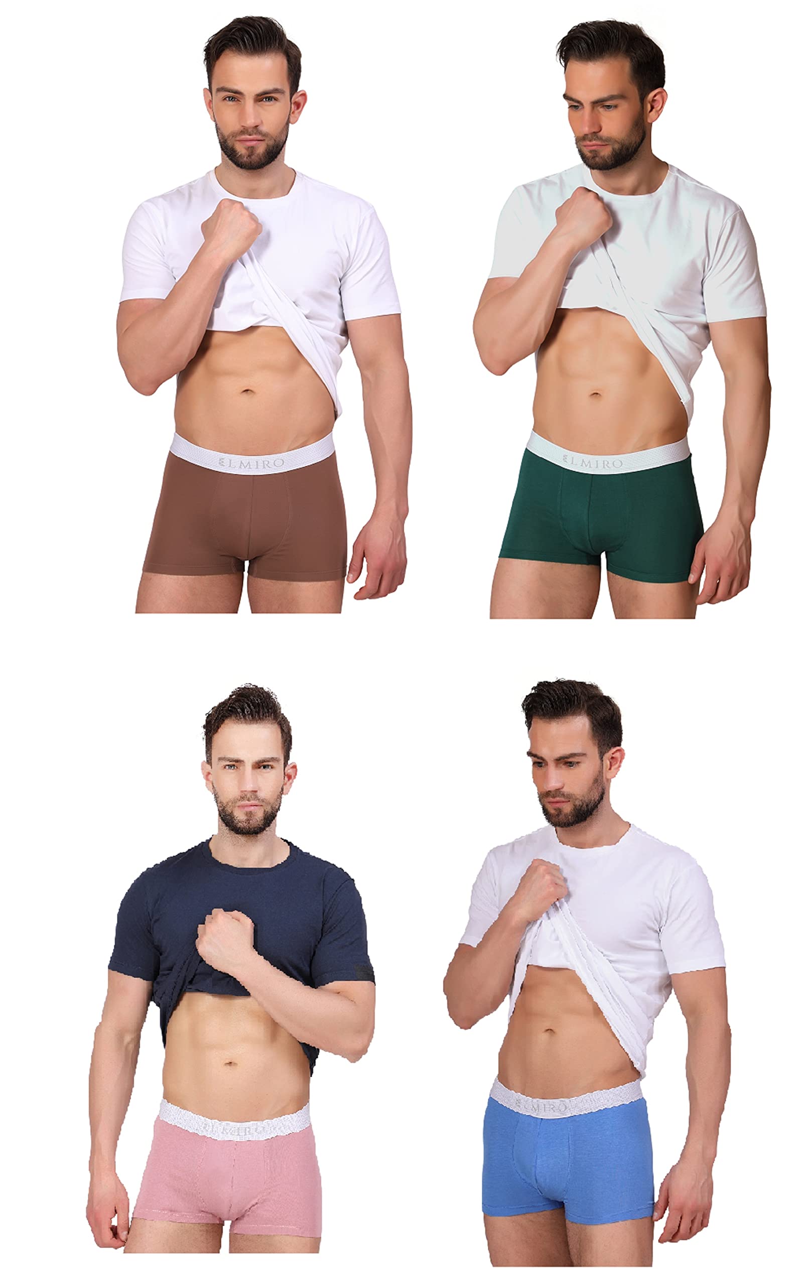 ELMIRO Men's Intimo-Tech Antimicrobial Micro Modal Legendary Trunk (Pack of 4) (Large, Beige-GRREN-Peach-Navy Blue)