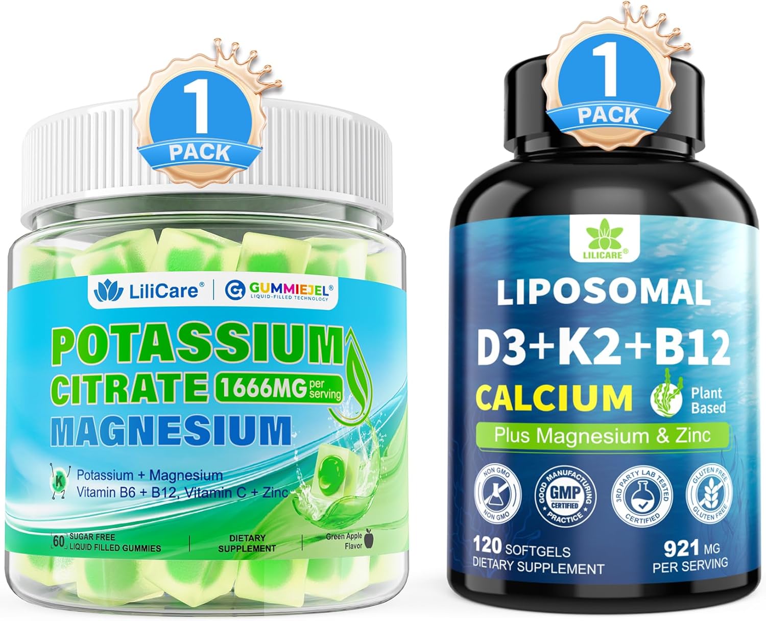 LILICARE Calcium D3 K2 Magnesium Zinc Supplements, Potassium Magnesium Gummies, 2 Pack