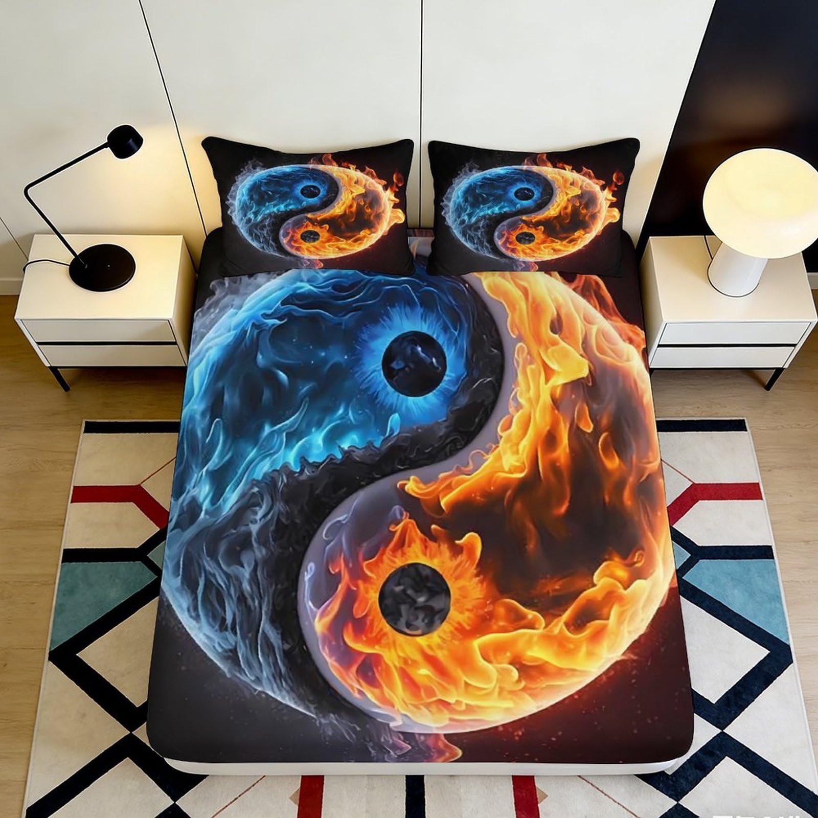 3D Printed Fire and Ice Yin Yang Fitted Sheet Microfiber Anti-Slip Bed Cover for Bedroom Dorm Mattress Protection 160x200x25cm