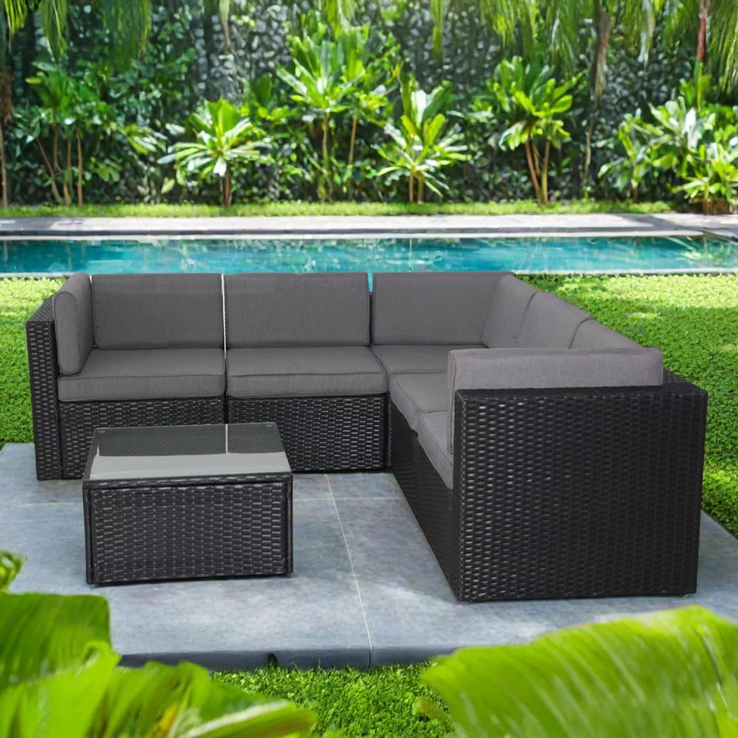 CONCEPT USINE Salon de Jardin d'angle Bimini 5 Places Résine Tressée Noire