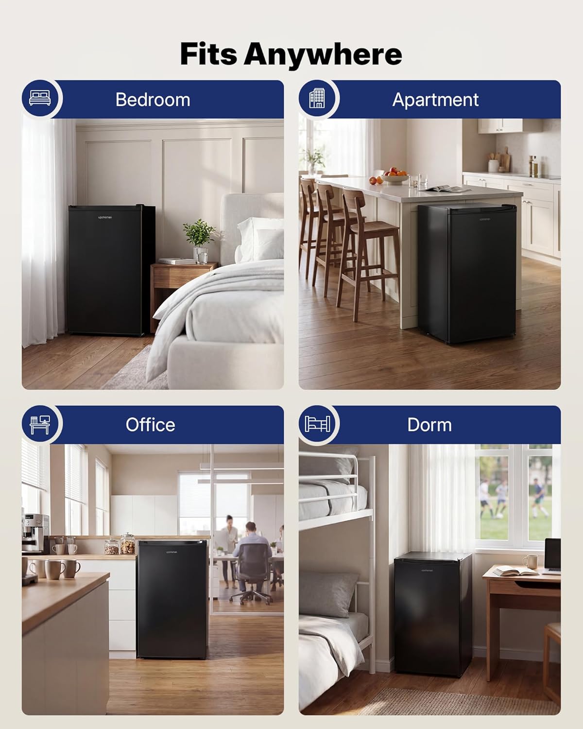 Upstreman 3.2 Cu.Ft Mini Fridge with Freezer, Single Door Mini Fridge, Dorm Fridge, Adjustable Thermostat, Mini Refrigerator for Bedroom, Office, Dorm, Black-BR321