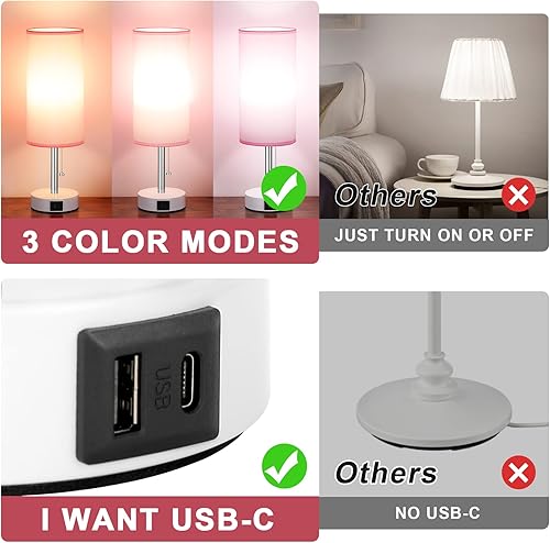 Miniatura 8 de Hong-in Lámpara de mesita de noche con 3 modos de color, lámpara rosa para dormitorio con puertos de carga USB-C USB-A, lámparas de noche de