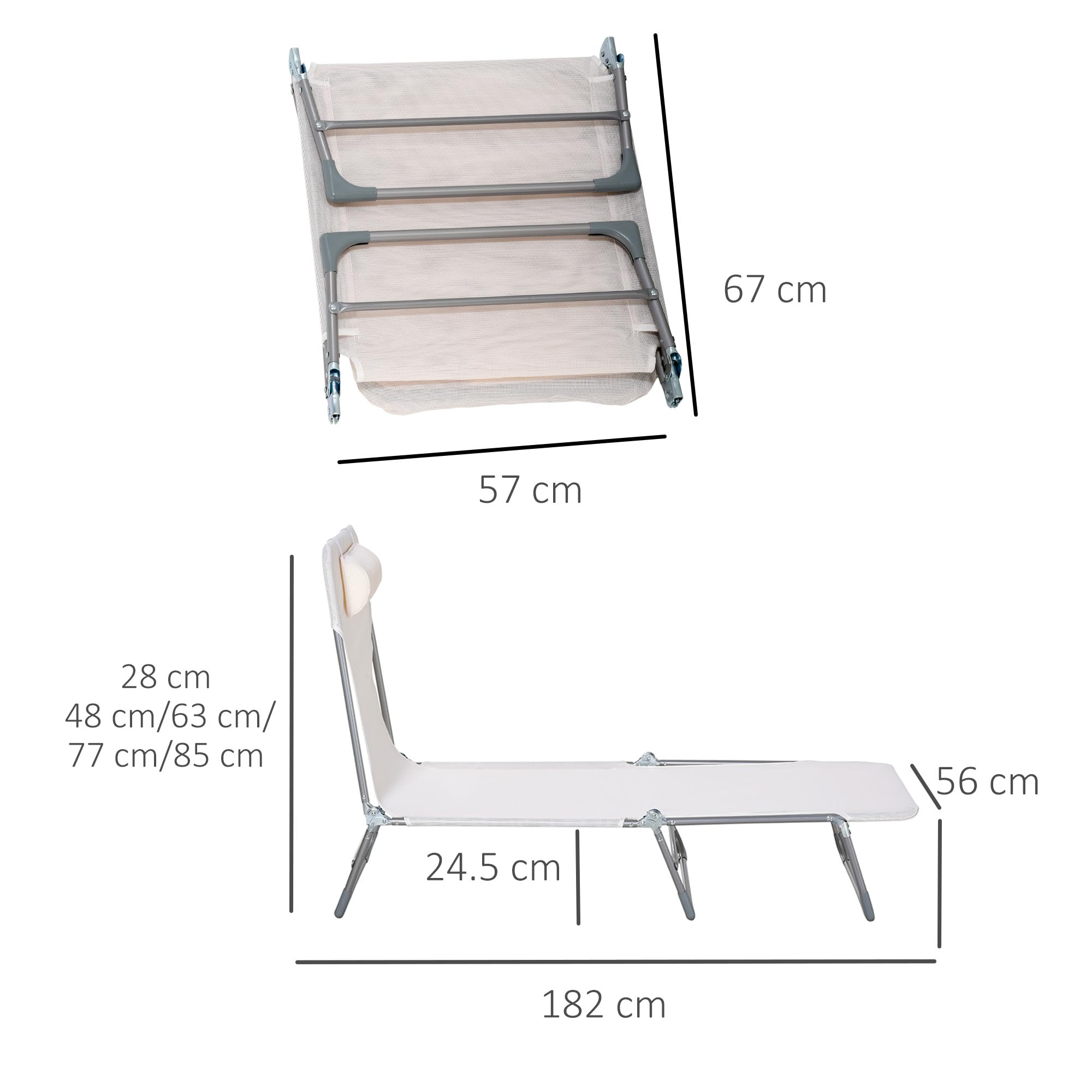 Outsunny Lettino Prendisole Pieghevole con Schienale Reclinabile su 5 Livelli e Poggiatesta, Sdraio da Giardino con Seduta Traspirante in Texteline, per Spiaggia Piscina Giardino, 182x56x28 cm, Crema