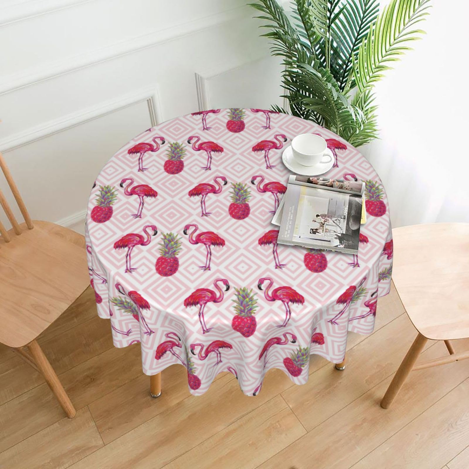 OXbnmm Pink Flamingo Pineapple Print Soft Round Tablecloth 60in Polyester Washable Cover Cozy Gift for Mom Housewarming