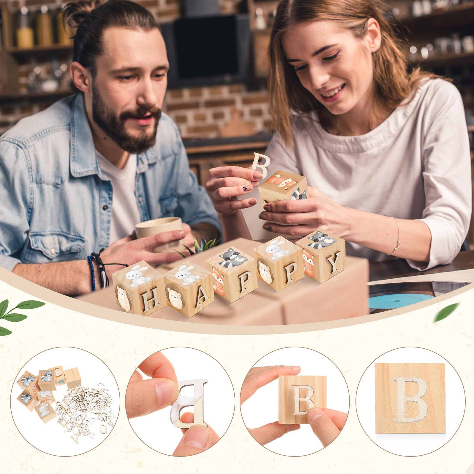 Wonderjune Letrero de madera con nombre de animales del bosque, 8 bloques de animales del bosque con 78 letras de madera, cubos de madera para guardería, baby shower, nombre del alfabeto, letreros de