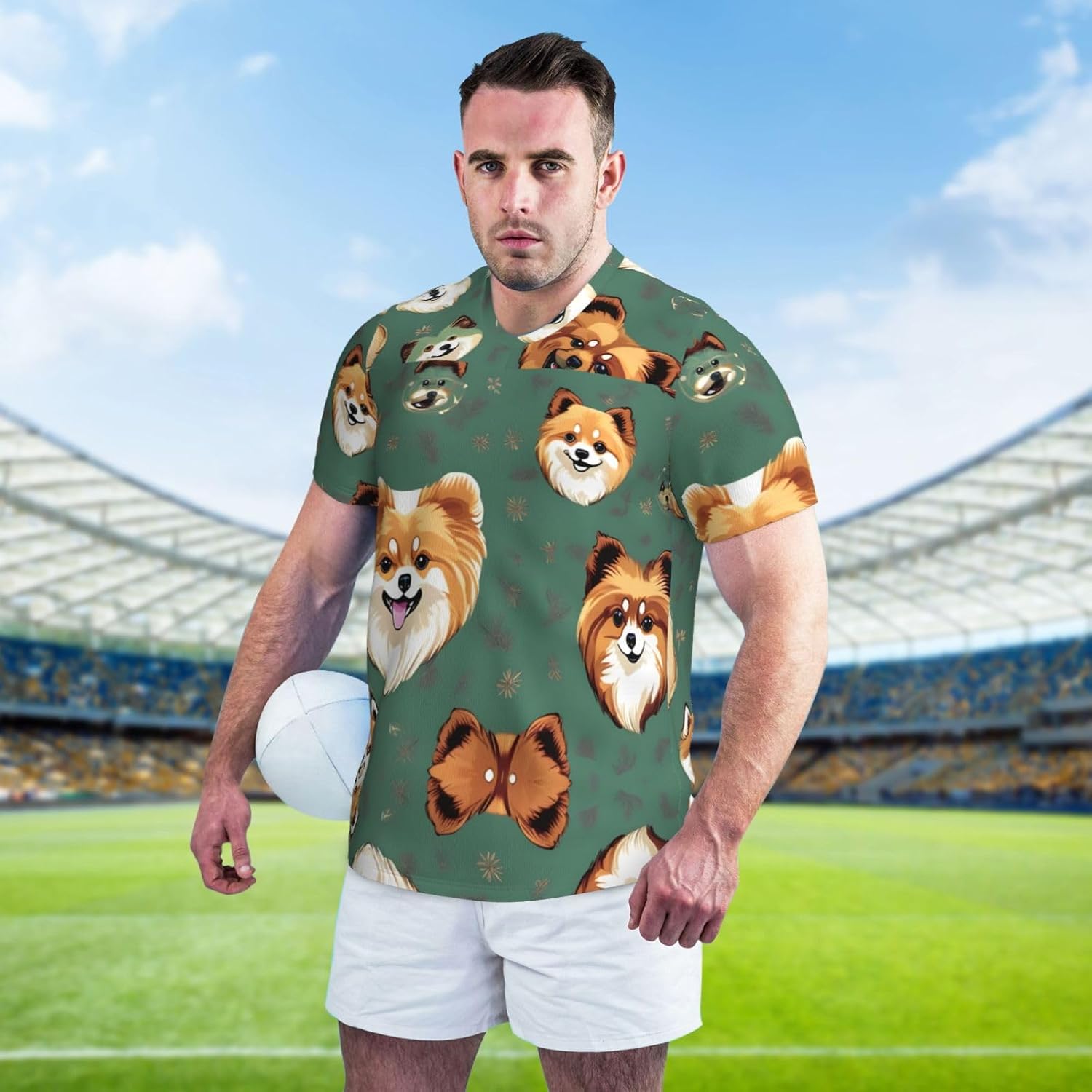 Pomeranians Pattern Rugby Football Jersey for Men, Comfortable V-Neck Loose Fit Top for Team Sports Athletics