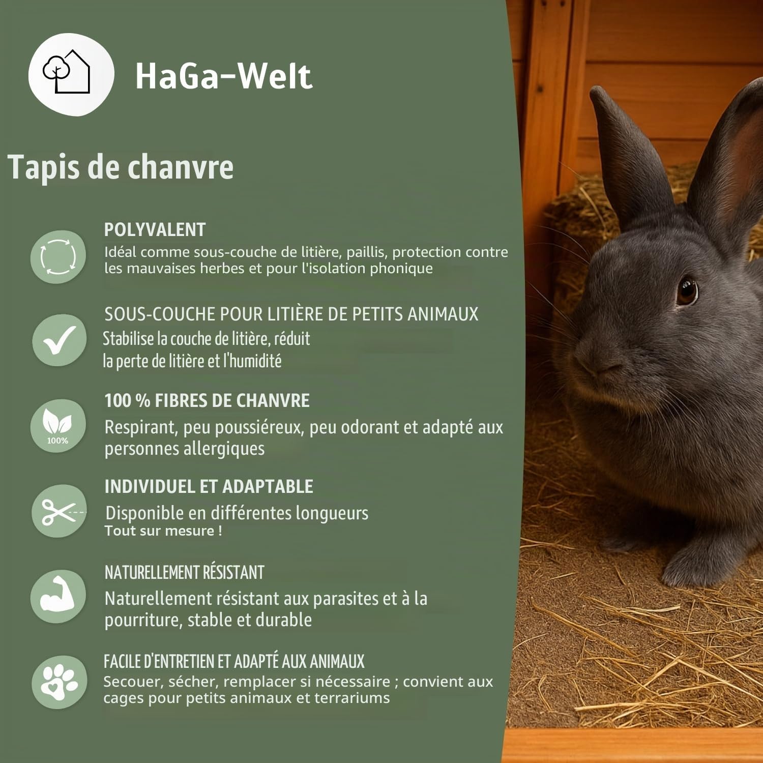 HaGa® Tapis en chanvre 500 g/m² en 0,65 m x 5 m | Tapis de litière durable pour cage de petits animaux | Tapis en chanvre respirant, support parfait pour la litière de petits animaux, 100 % chanvre