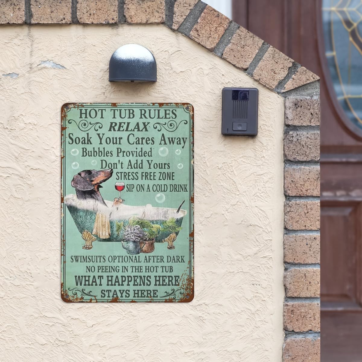 Targa In Metallo Vintage "Hot Tub Rules" Con Bassotto – Decorazione Da Parete 30,5x20,3 Cm Per Bar, Casa E Piscina