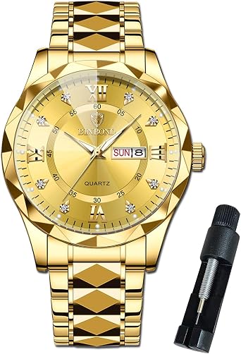 BINBOND Mens Watches Diamond Big Face Stainless Steel Luxury Business Dress Date Day Wrist Watch Waterproof Luminous