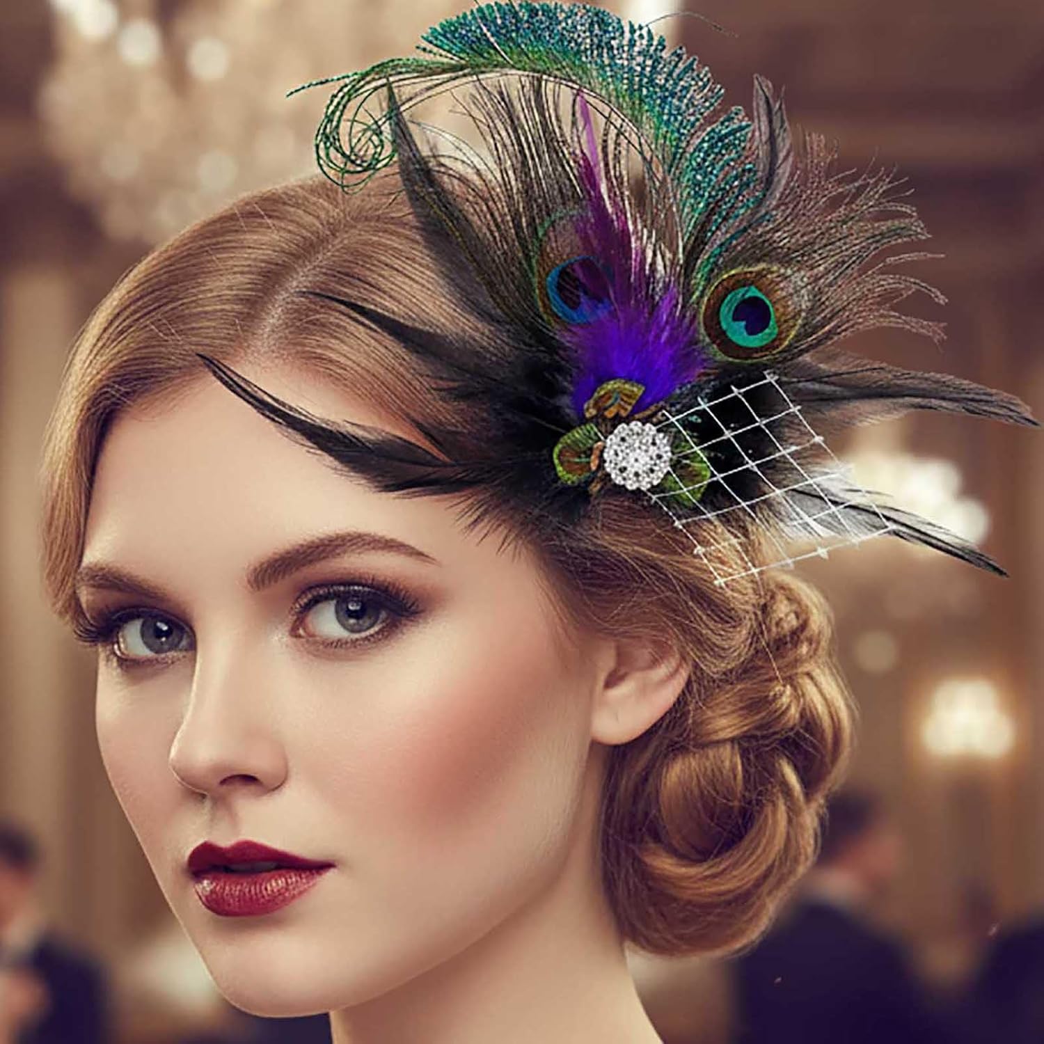 Yokawe Peacock Feather Hair Clip 1920s Fascinator with Rhinestone Flapper Prom Hair Accessories for Women - Image 9