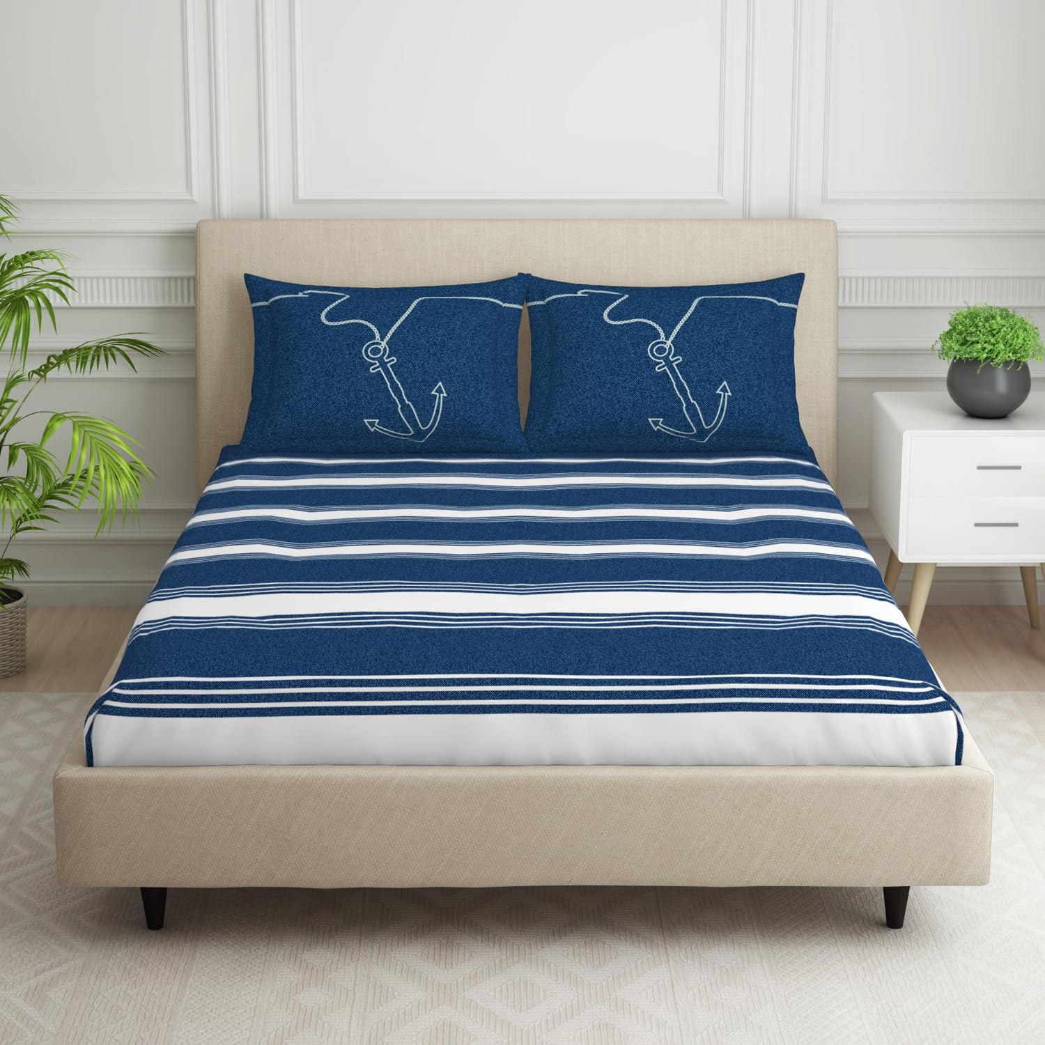 SPACES 100% Cotton Double Bedsheet with 2 Pillow Covers (Size 88 x 100 inch) | 144 TC Bed Sheet for Double Bed | Breathable Pure Cotton Queen Size Bedsheet | NAUTIQUE | Geometric Dark Blue (B0D2CYN7C3) Amazon Price History, Amazon Price Tracker
