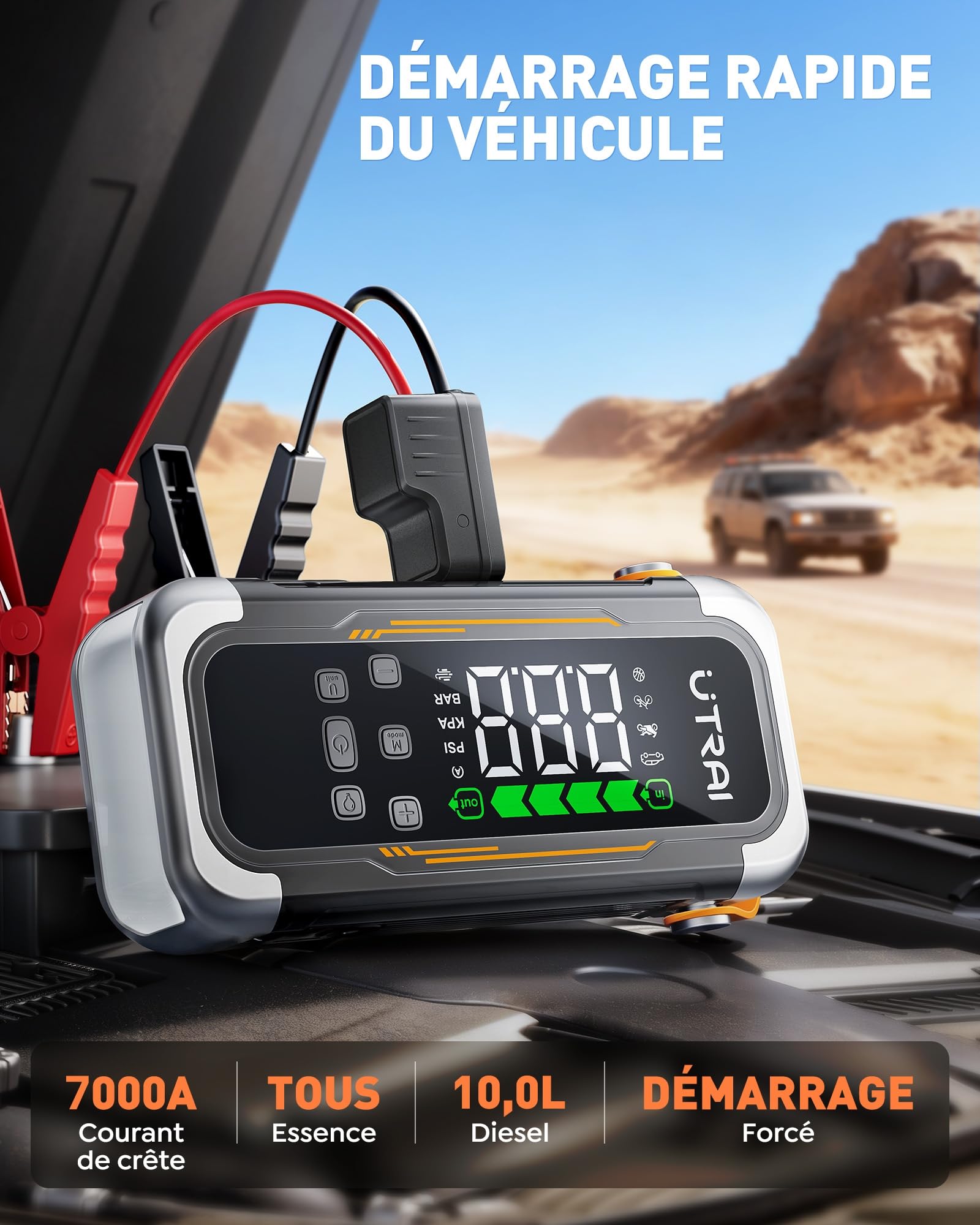 UTRAI Booster Batterie Voiture avec Gonfleur 7000A, Demarreur Batterie Voiture avec Sortie PD 30W, Souffleur, Lampe LED D’Urgence 800 Lumens, Jump Starter Applicable à Tous Gaz ou 10L Diesel