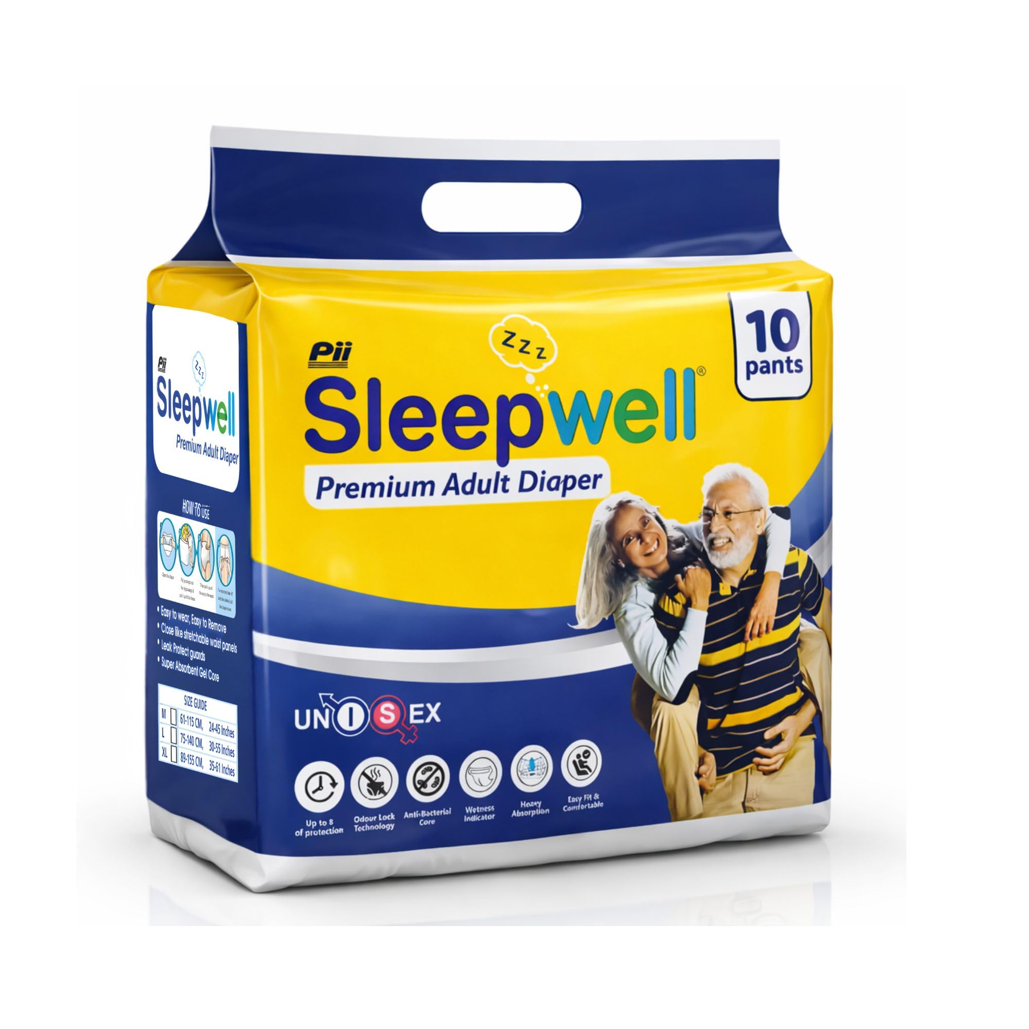 pii sleepwell adult diapers for men & women – unisex diaper pants with 8h absorbency & leak guard | disposable incontinence care (large – waist 75–140 cm / 30–55 in, pack of 10)