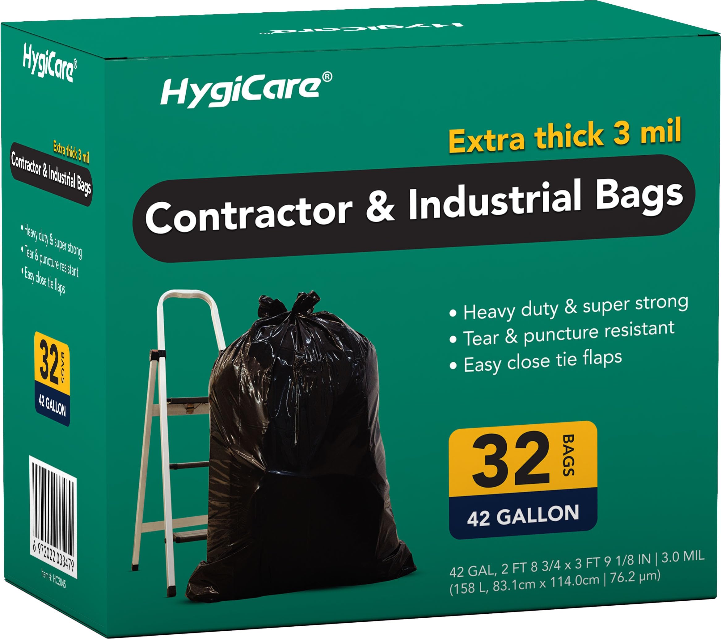 HygiCare Worki dla kontrahentów i przemysłowych, 42 galony, bardzo grube 3 MIL, wytrzymałe, z klapami krawatowymi, 83,19 cm x 114,63 cm, 32 szt., do budownictwa, przemysłu i odpadów zewnętrznych
