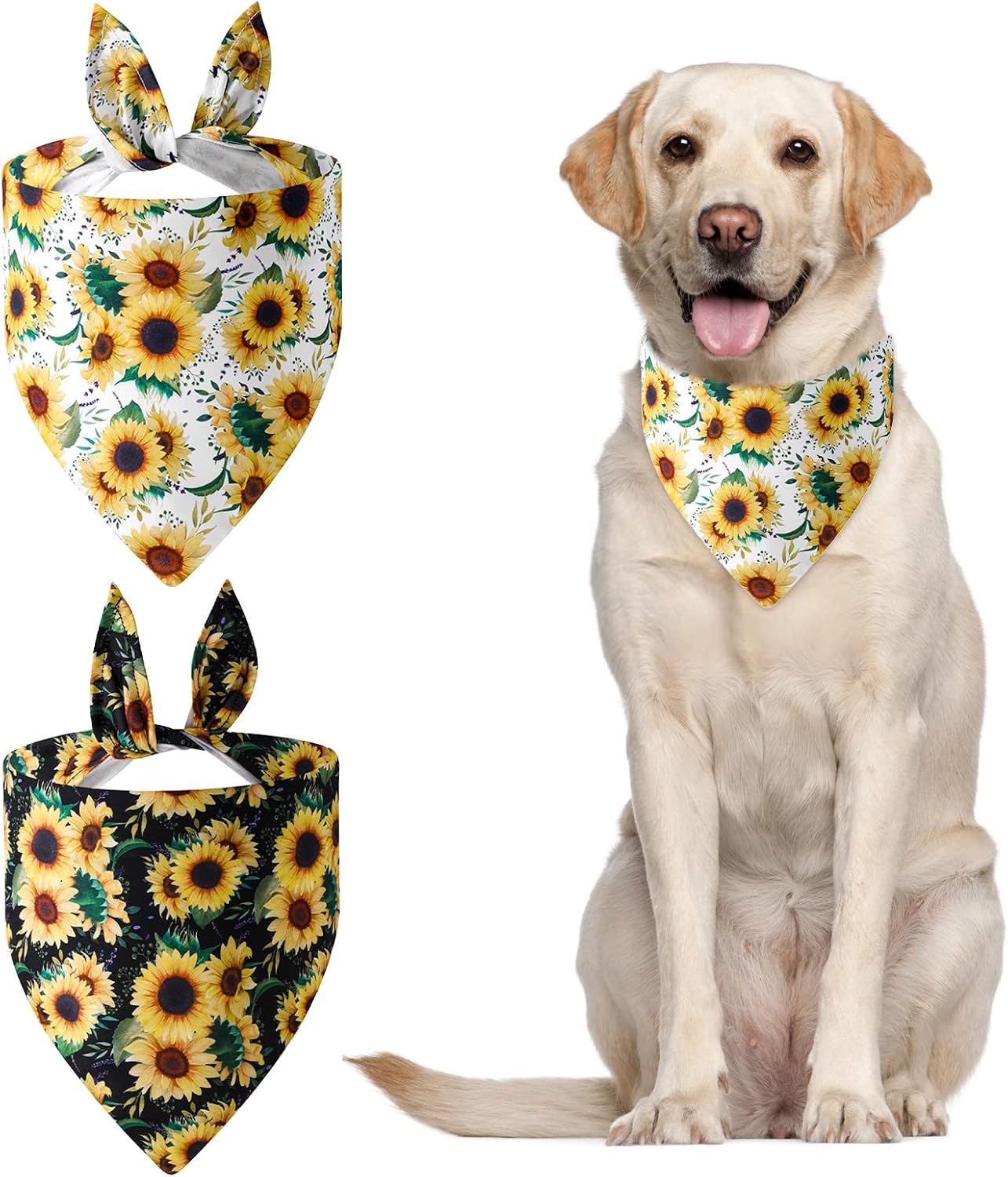 Sunflower Dog Bandanas, 2 Pcs Printing Unique Shape Adjustable Fit Kerchief Scarf for Small to Large Dog Puppy Cat