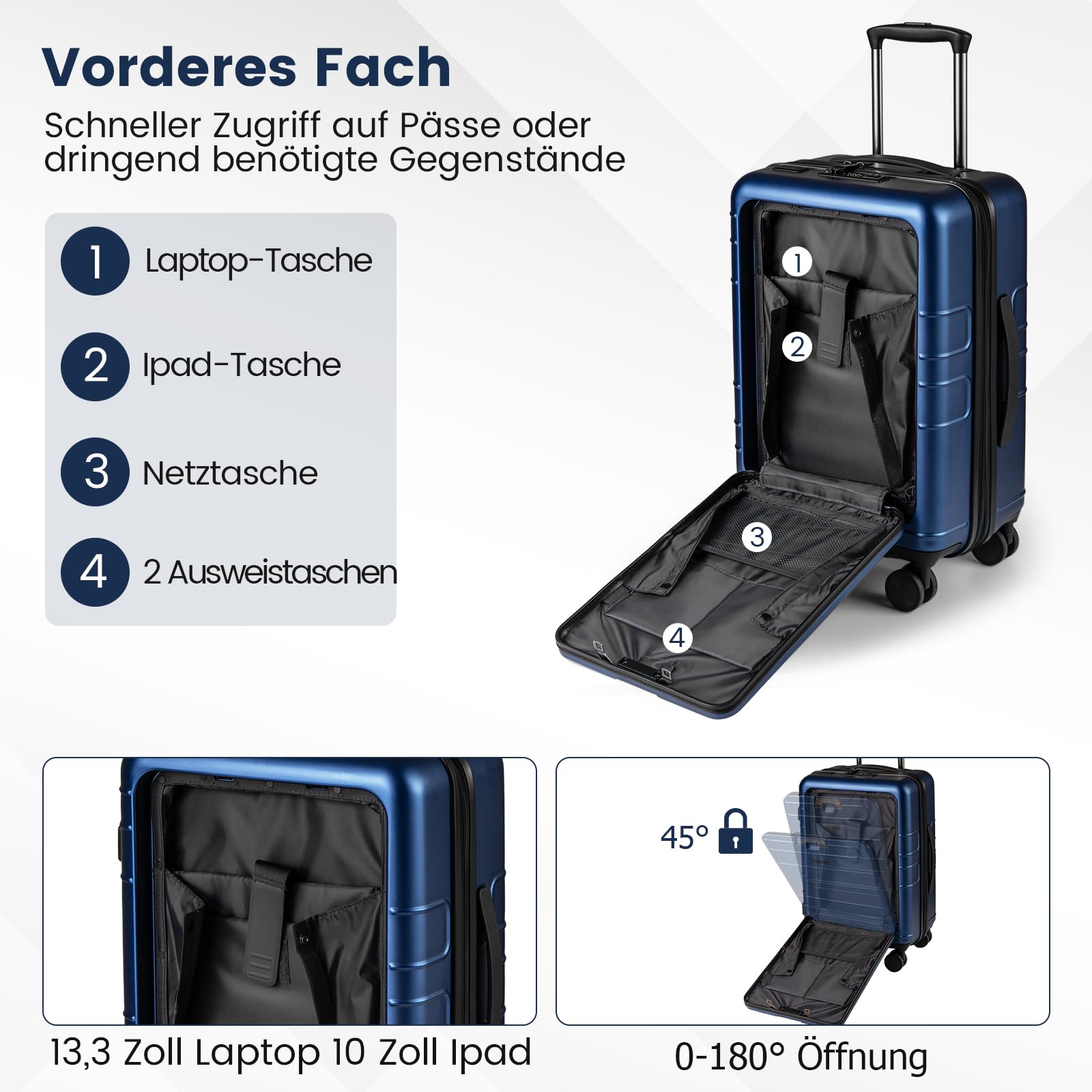 COSTWAY Bagaż podręczny ze składanym blatem, 38 l, z kieszenią przednią, kieszenią na laptopa, przyłączem USB i kółkami obrotowymi, twarda walizka na komputer z zamkiem TSA