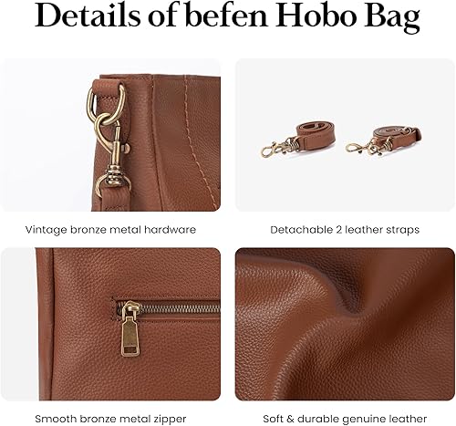 Miniatura 5 de befen Bolsos cruzados de cuero genuino para mujer, bolsos de cuero retro con 2 correas de hombro