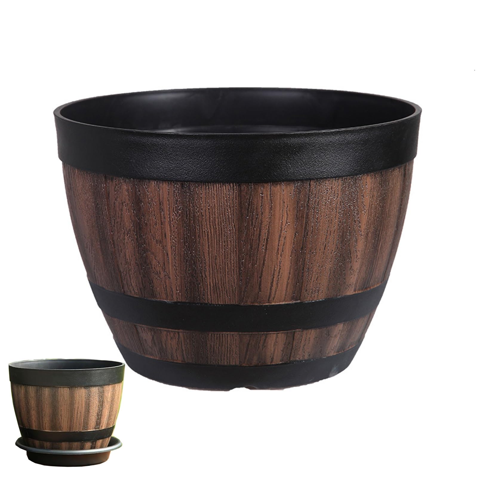 sxvbdway Whiskey Barrel Planters with Drainage Holes Flower Planters Pots with Tray Plant Pot Home Decor Plastic Indoor Outdoor Large Planters for Outdoor Plants Yard Patio Garden Flowerpot (1)