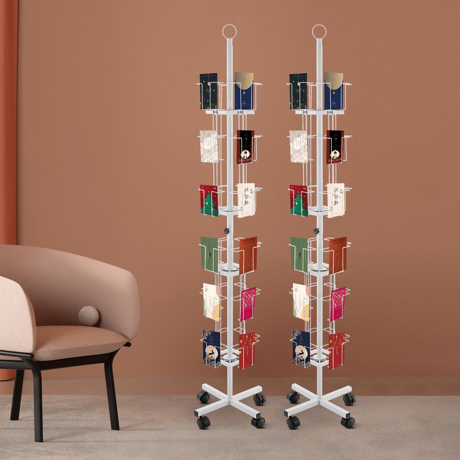 CNCEST Rotating Greeting Card Rack, 6 Tier 24 Pocket Display Stand Spinning, 2Pcs Pocket Rotating Holder for Thrift, Retail, Grocery, and Convenience Stores (White)