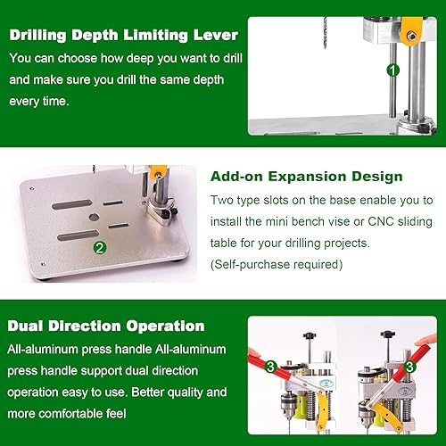 Miniatura 6 de LAKIX - Mini prensa de taladro de banco, pequeña prensa de taladro de sobremesa de alta precisión, bajo ruido, tamaño compacto, perforadora de