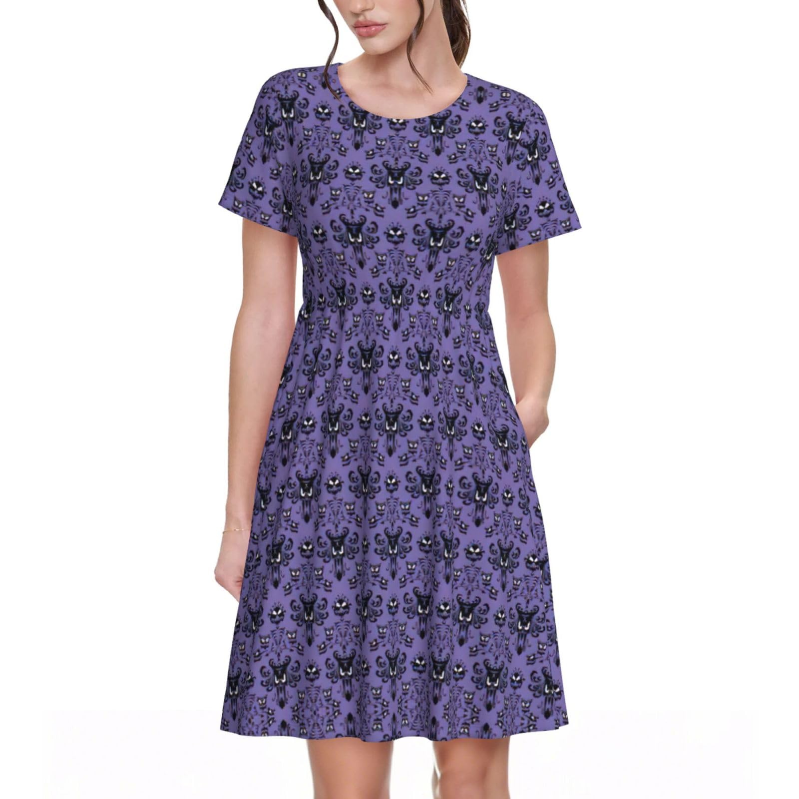 Haunted Mansion Womens Summer Dress Casual Swing Short Sleeve Sundresses Beach A-Line Shift Dress with Pockets Black