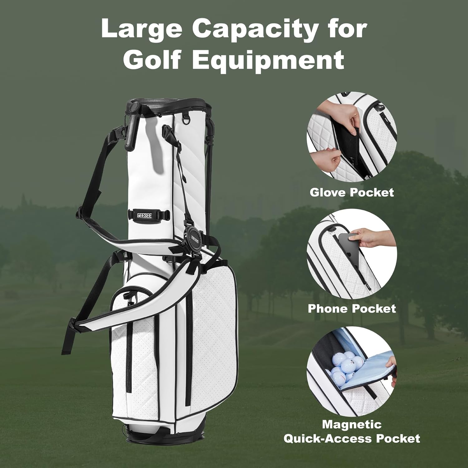 4 Way Golf Stand Bag with Premium PU Leather, Lightweight Carry Golf Bag with Stand Legs and Dual Strap, Multiple Pockets with Magnetic Pocket, Includes Rain Cover,Golf Bag for Men and Women