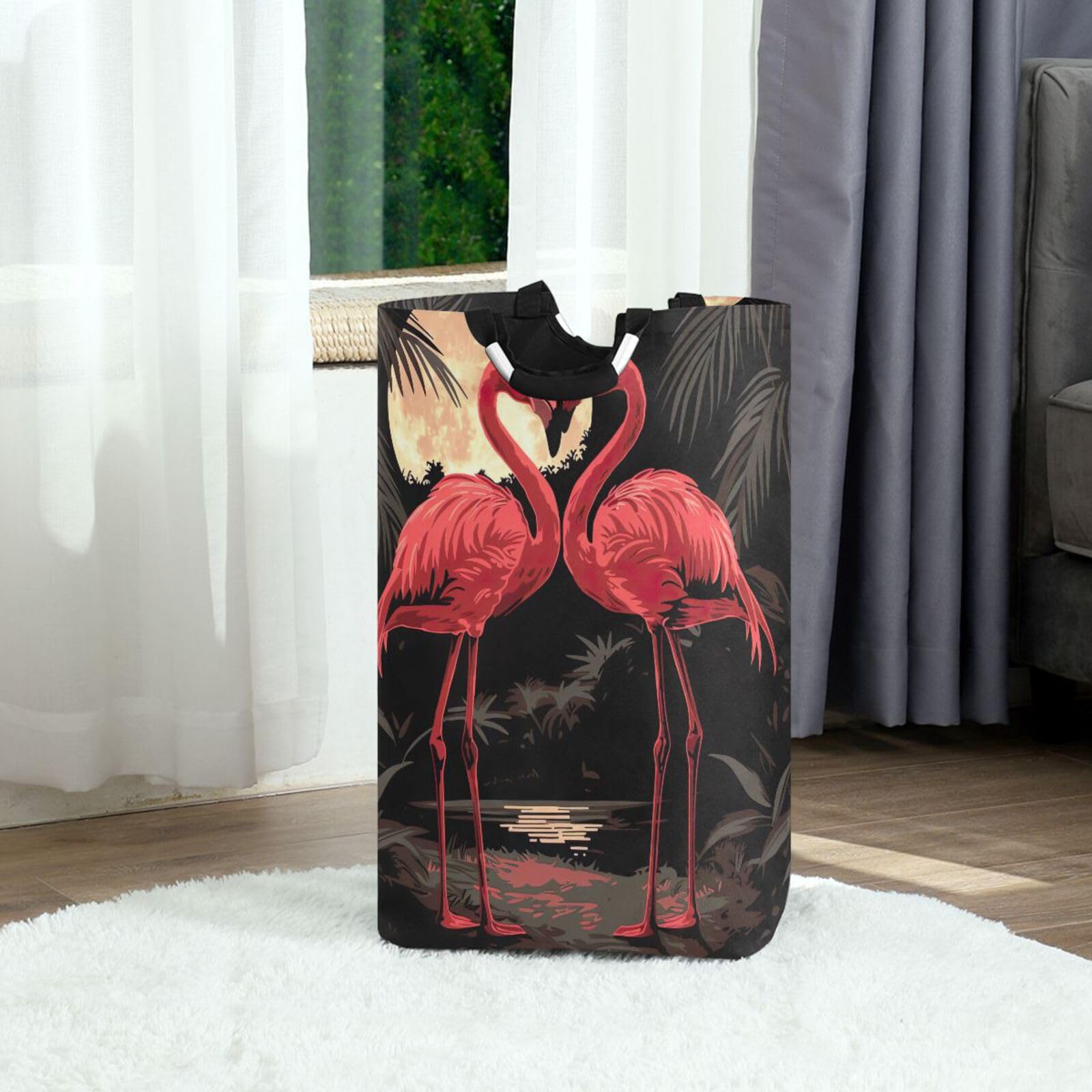 Jihqo Laundry Hamper Basket Sunset Flamingo Collapsible Nursery Storage Bin Waterproof Clothing Baskets for Home Bedroom Bathroom Washing Room