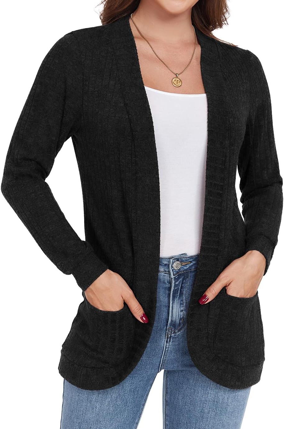 GRECERELLE Womens Long Sleeve Open Front Cardigan Casual V-Neck Curved Hem Ribbed Knit Sweater Outerwear with Pockets