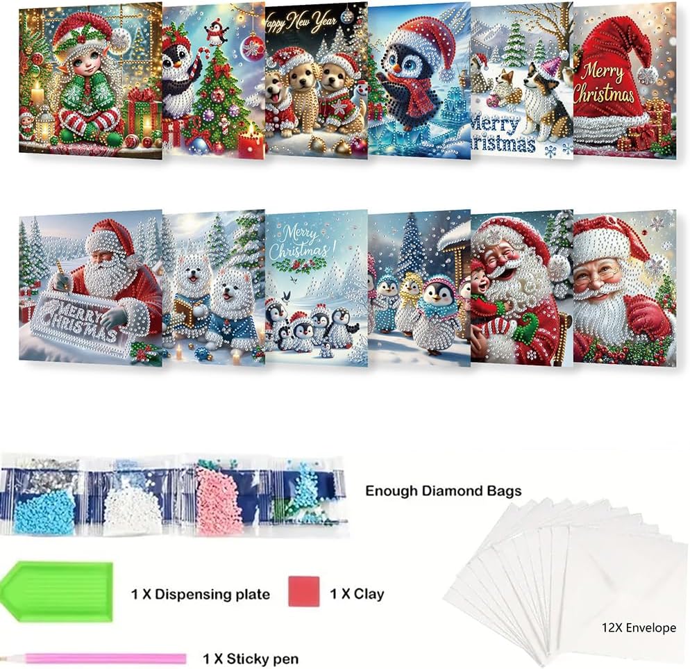 12 Pcs Diamond Art Greeting Cards with Envelopes Merry Christmas Xmas Diamond Art Painting Greeting Cards DIY Diamond Art Crafts for Adults
