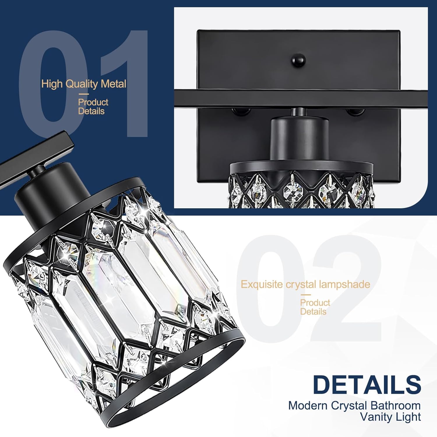 Crystal Modern Bathroom Light Fixtures, 3-Light Black Bathroom Vanity Wall Light, Vanity Lights for Mirror, Restroom, Bedroom (E26 Socket, Bulbs Not Included)