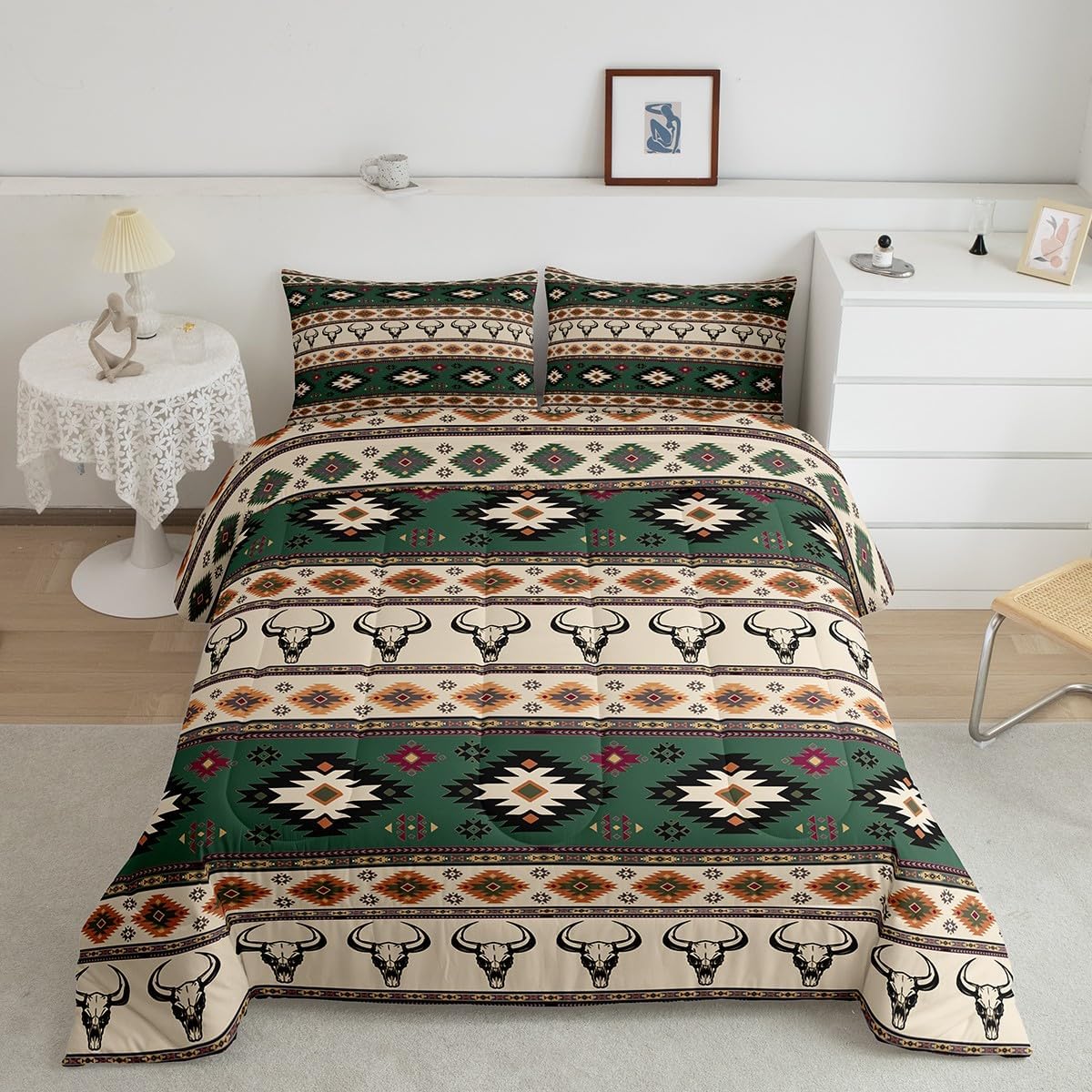 Feelyou Kids Western Bull Skull Comforter Set Queen Size, Southwestern Aztec Bedding Set Boho Tribal Comforter Boys Girls Ethnic Bohemian Rustic Country Teens Duvet Set Bedroom Decor 3Pcs