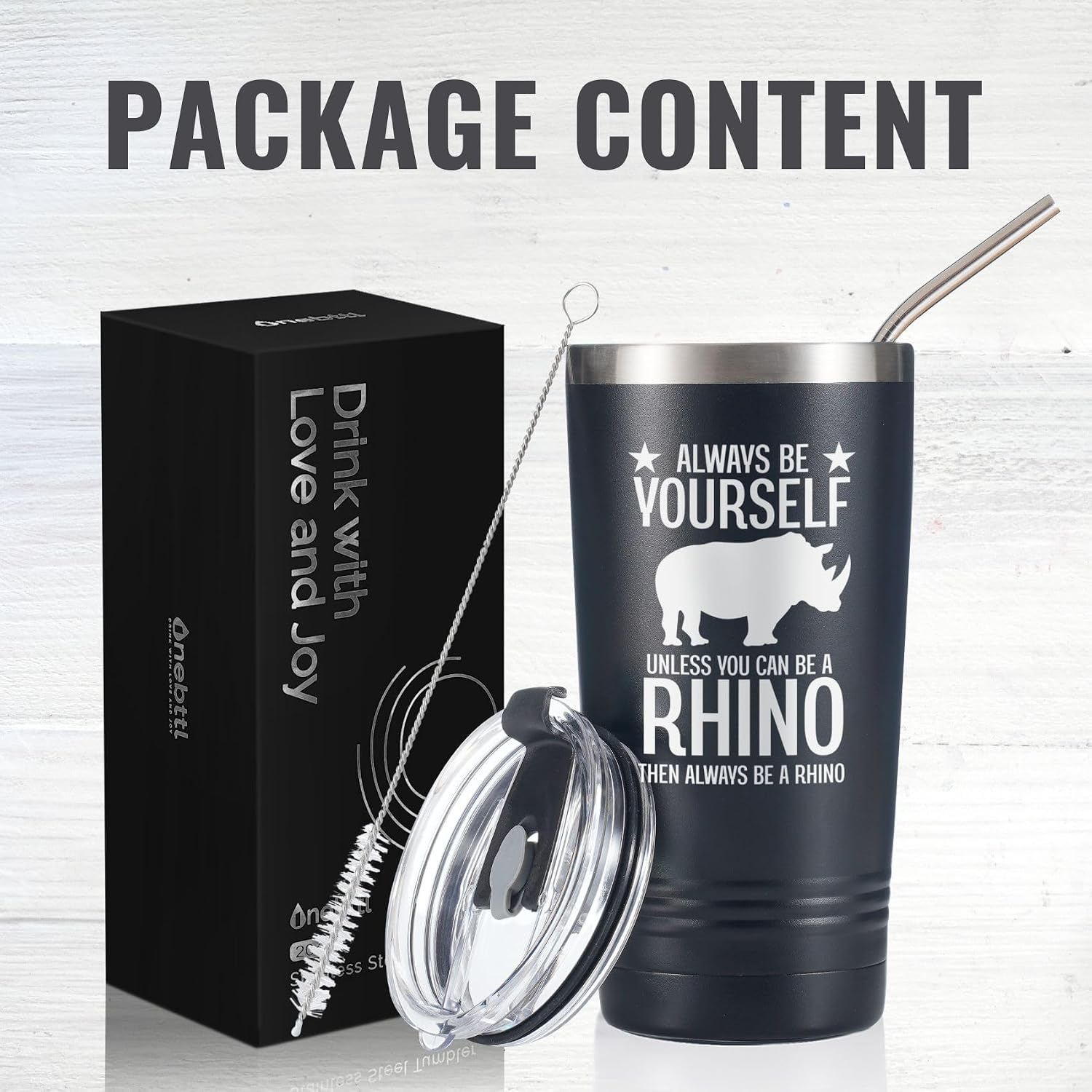 Rhino Rhinoceros Gifts – 20oz Black Travel Mug for Men, Funny Rhino Car Cup, Unique Gift for Husband, Boyfriend, Dad, Brother, Son for Birthday, Christmas, Father’s Day