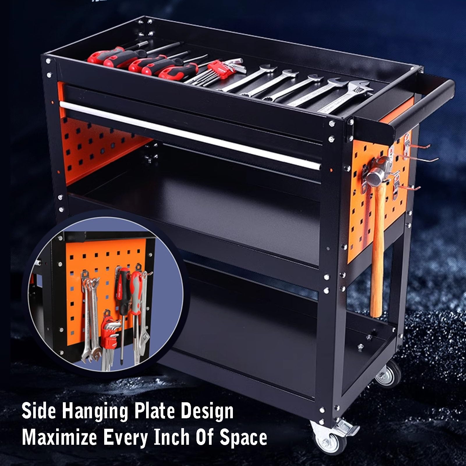 Carrello Portautensili A 3 Ripiani, Carrello Portautensili Da 330 Libbre Con Ruote, Con Pannello Forato Portacacciavite, Carrello Di Servizio Con Cassetti, Ideale For Garage, Magazzino E Officina Di R