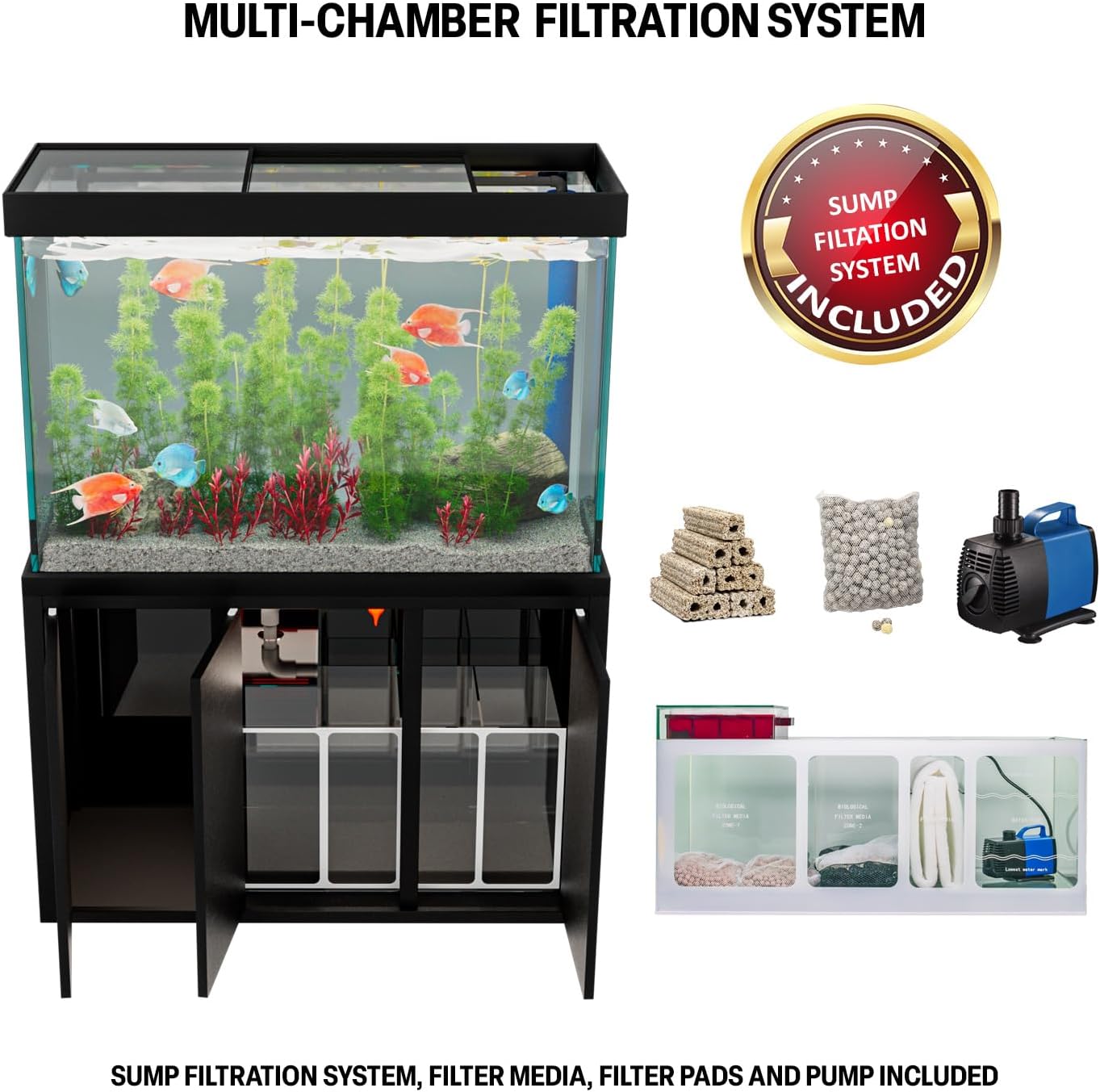 Aqua Dream 175 Gallon Aquarium Fish Tank with Upright Fishtank Stand Water Pump Freshwater Filter LED Bundle and Straight Corners Clear Glass - All Black