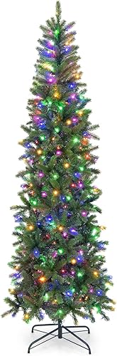 Goplus Árbol de Navidad preiluminado de 7.5 pies, árbol de Navidad artificial delgado con bisagras con 796 puntas de ramas de PVC PE, 350 luces LED,