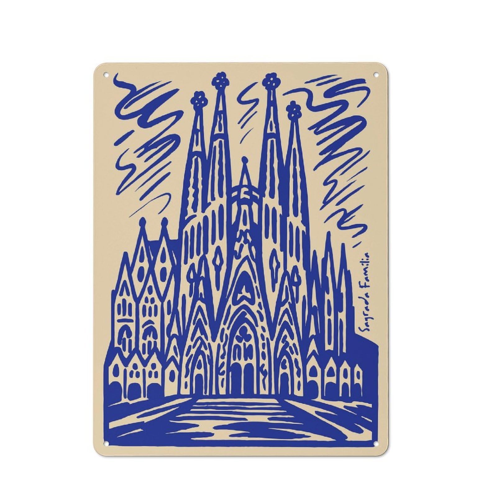 Junmoney Style-8 Vintage Tin Sign 40X30cm Featuring Sagrada Familia, Barcelona, Spain, Illustration For Bar Or Restaurant, A Decorative Christmas Gift For Bar Decor Enthusiasts