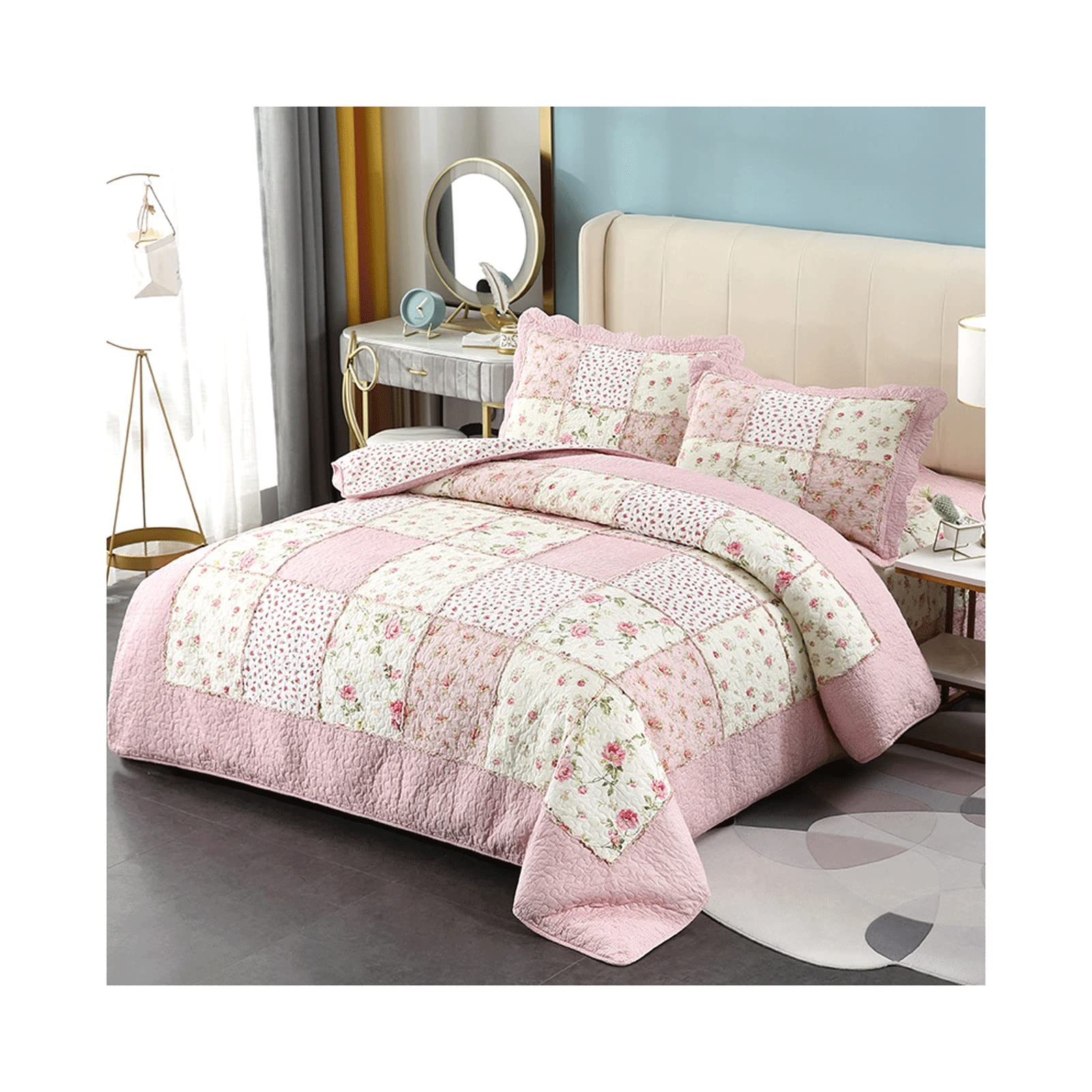 Set da 3 Pezzi Copriletto Matrimoniale, Patchwork Copriletto Trapuntato Estivo in Cotone 250x230cm con 2 Federe 50x70cm, Copriletto con Motivo Floreale ( Color : Pink , Size : 250x230cm-50x70cm x2 )